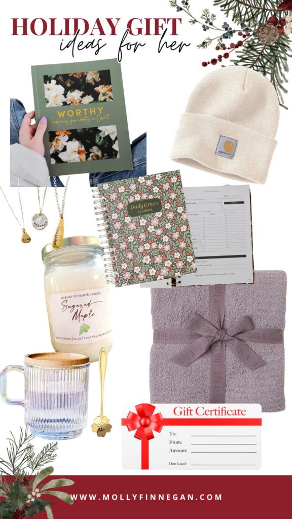 Holiday Gift ideas for women including a mug, prayer journal, devotional, beanie, mug, blanket, and necklace
